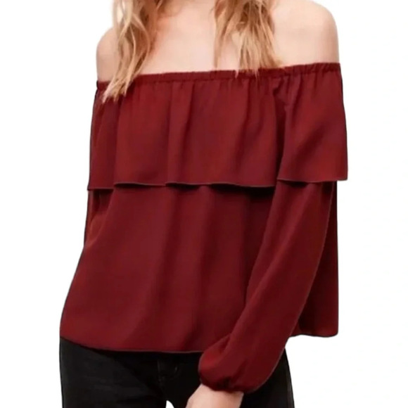 WILFRED Morel Off The Shoulder Blouse Burgundy Ruffle Elastic Balloon Sleeve XXS - Picture 1 of 11